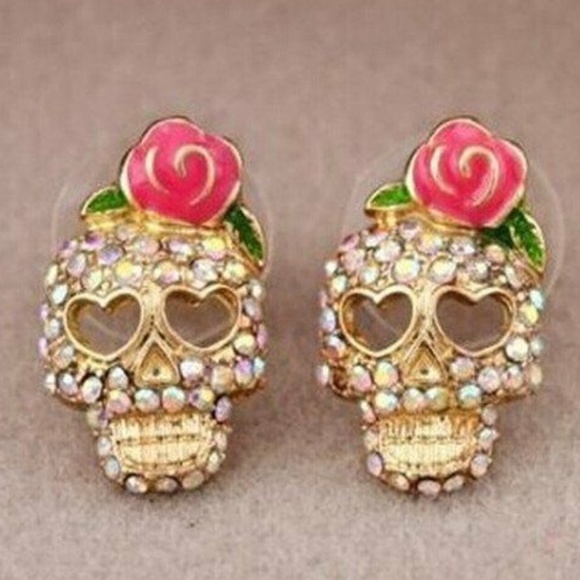 Cute Sugar Skull Earrings with Rose NWT- - Picture 2 of 4